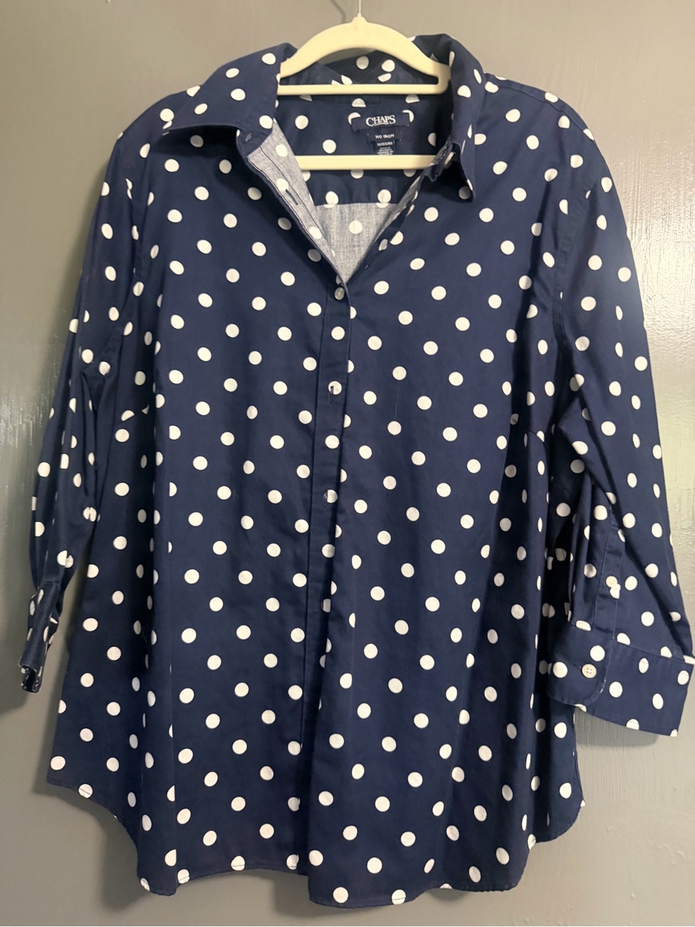 Chaps Navy and White Polka Dot Button-Down Shirt 1X